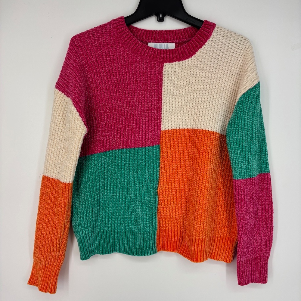 Bunulu Womens Small Pullover Sweater Pink Green Orange Colorblock Chenille FLAW
